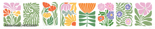 Abstract plants. Botanical doodle background art set. Flower and leaves abstract shape. Trendy floral in primitive contemporary style design for print, wallpaper, wall art for home decoration. 