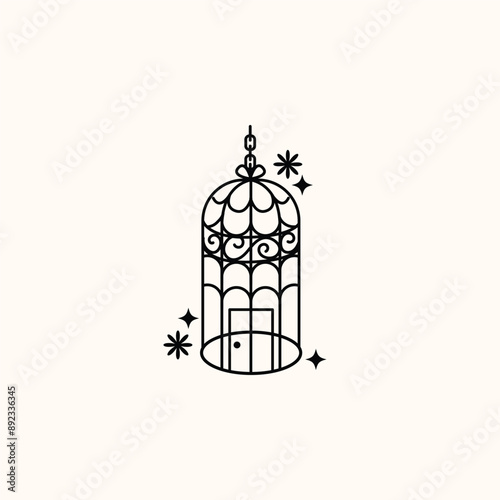 Set of different outlined cages. Line art ornamental bird cages collection, metal animal transport handing cages. Vector modern illustration isolated on background