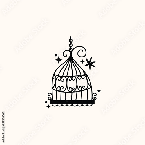 Set of different outlined cages. Line art ornamental bird cages collection, metal animal transport handing cages. Vector modern illustration isolated on background