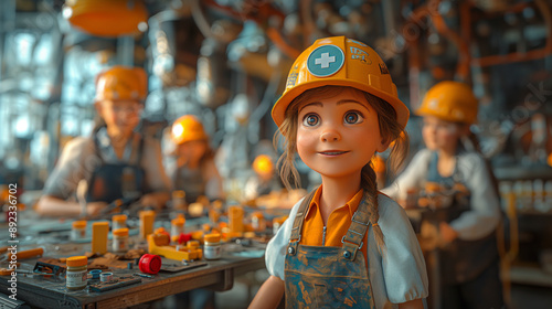 A construction worker in a warehouse with a woman, child, and boy shopping in a store