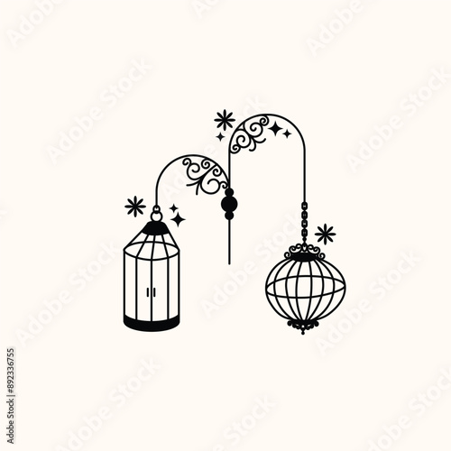 Set of different outlined cages. Line art ornamental bird cages collection, metal animal transport handing cages. Vector modern illustration isolated on background