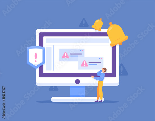 the concept of software and system error. notification if the software errors. illustration of a user getting a warning pop up. prevention and warning. technology. flat style design. graphic elements