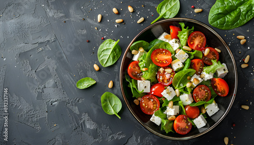Dietary salad with tomatoes, feta, lettuce, spinach and pine nuts. Top view. Flat lay