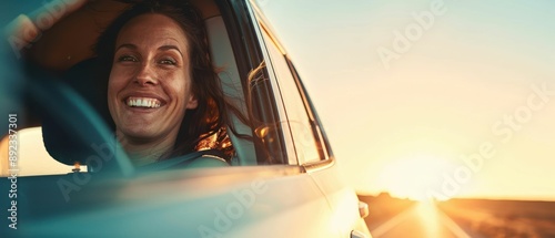 Happy Woman Smiling in Car During Sunset Road Trip. Generative ai. photo