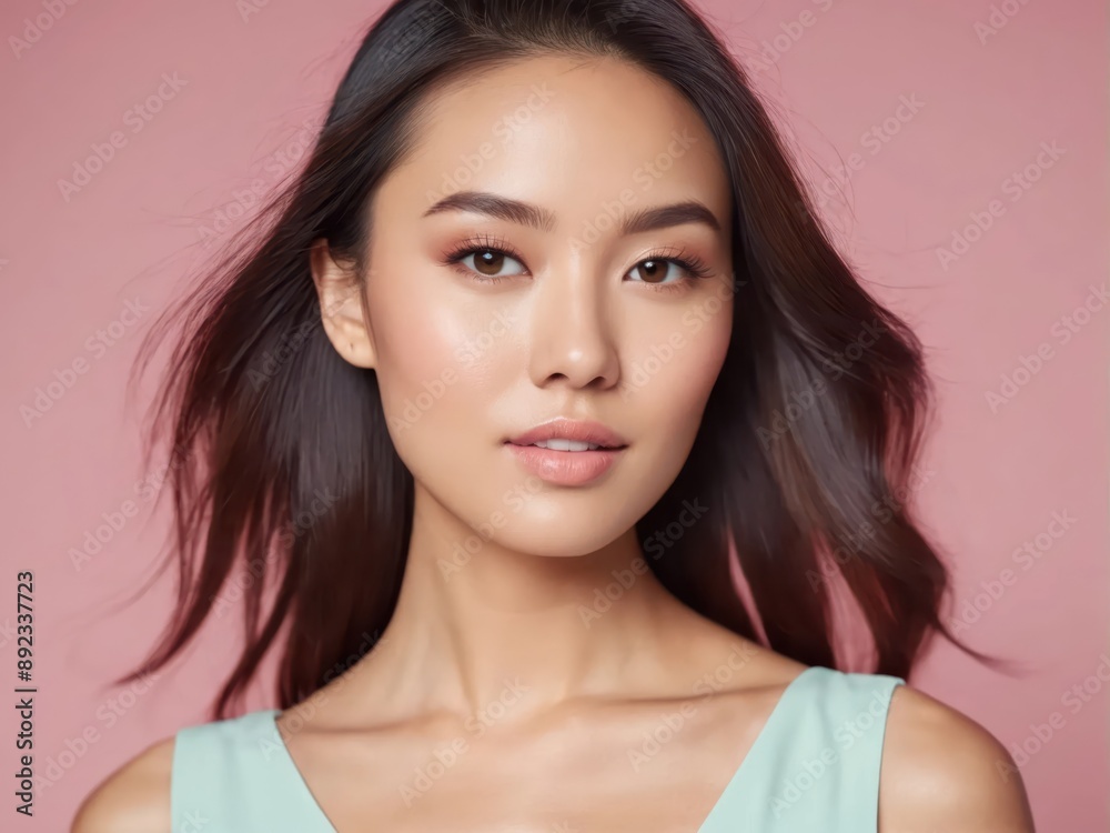 Obraz premium Elegant Asian model in pastel dress showcases diverse poses and expressions, perfect for beauty and fashion campaigns.