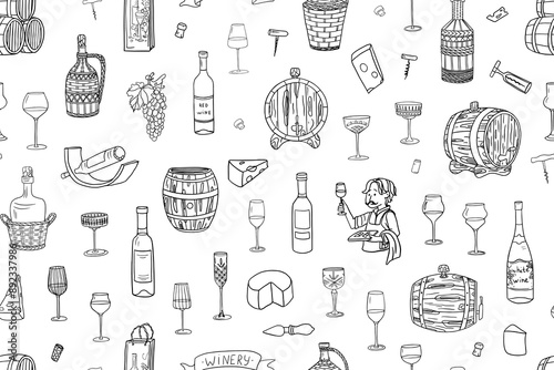 Seamless pattern of wine bottles, oak barrels, wicker wine bottles and wine glasses of various sizes and shapes. Winemaker. Winery. Grape, cheese. Great for bar menu, banner. Hand drawn. Doodle style
