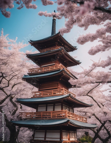 Traditional Japanese pagoda surrounded by cherry blossoms in full bloom, with soft, diffused morning
 photo