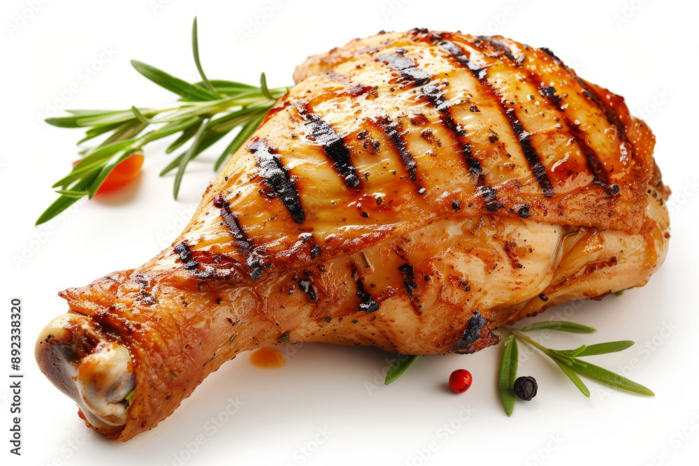 Barbecue chicken leg on a white background. Grilled poultry drumstick Barbecue chicken leg on a white background. Grilled poultry drumstick