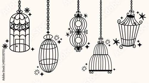 Set of different outlined cages. Line art ornamental bird cages collection, metal animal transport handing cages. Vector modern illustration isolated on background