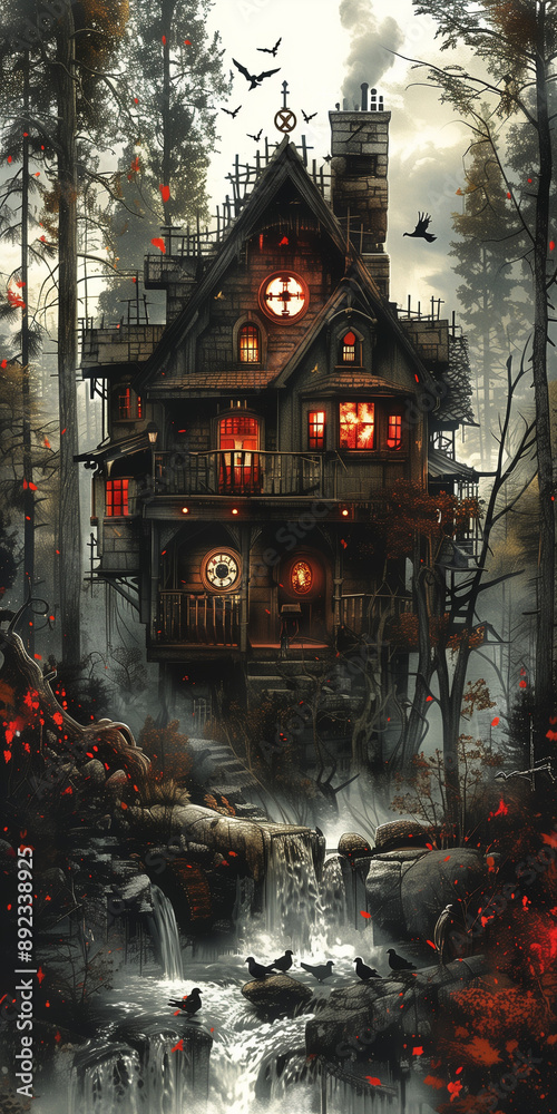 Gothic house in dark forest with glowing windows, waterfall in foreground, and bats flying above at dusk Gothic house in dark forest with glowing windows, waterfall in foreground, and bats flying above at dusk