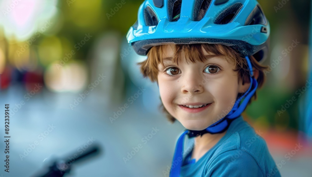 Happy Child Wearing Blue Bicycle Helmet. Generative ai.