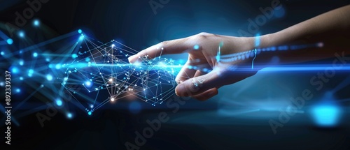 Abstract background of hands touching digital transformation virtual screen. Technology connection Dots and lines for futuristic cyber technology and network connection