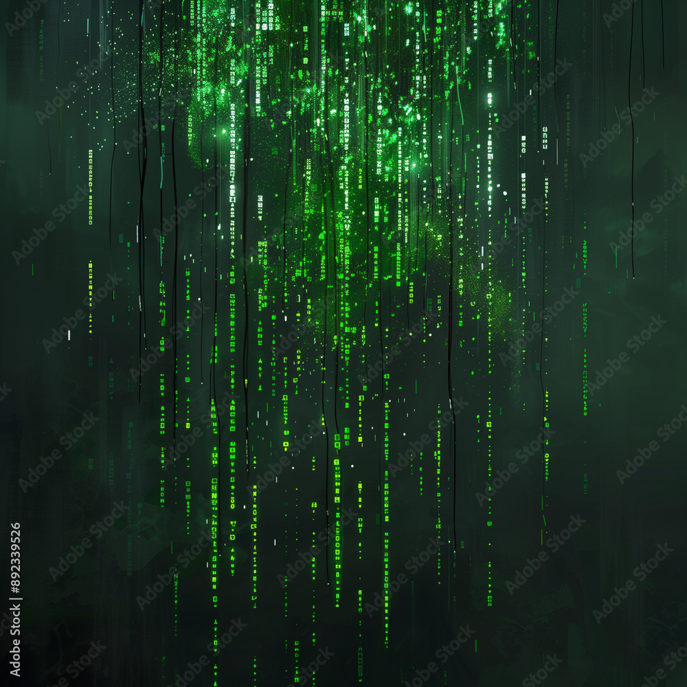 Green digital rain effect with falling code, reminiscent of the Matrix, on a dark background, creating a cyberpunk and futuristic atmosphere Green digital rain effect with falling code, reminiscent of the Matrix, on a dark background, creating a cyberpunk and futuristic atmosphere