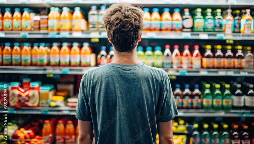 Back View of Man Shopping in Beverage Aisle. Generative ai. Back View of Man Shopping in Beverage Aisle. Generative ai.