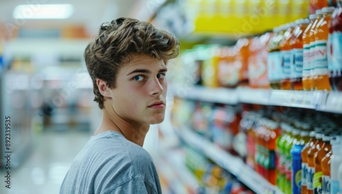 Young Man Shopping in Beverage Aisle. Generative ai.