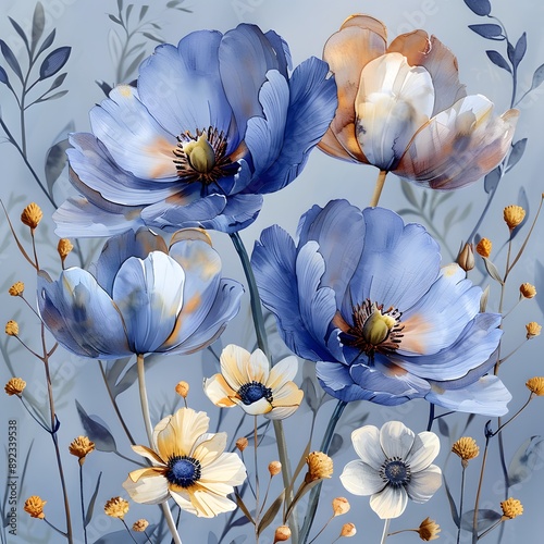 A painting of a field of flowers with a blue sky in the background. The flowers are in various shades of blue and white, and there are some yellow flowers as well