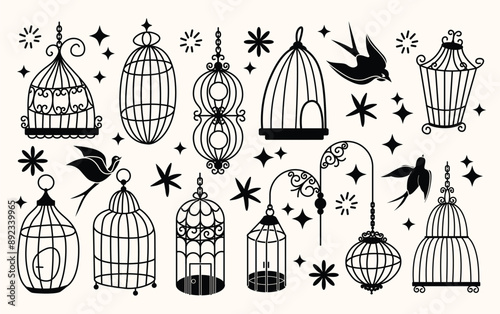 Set of different outlined cages. Line art ornamental bird cages collection, metal animal transport handing cages. Vector modern illustration isolated on background