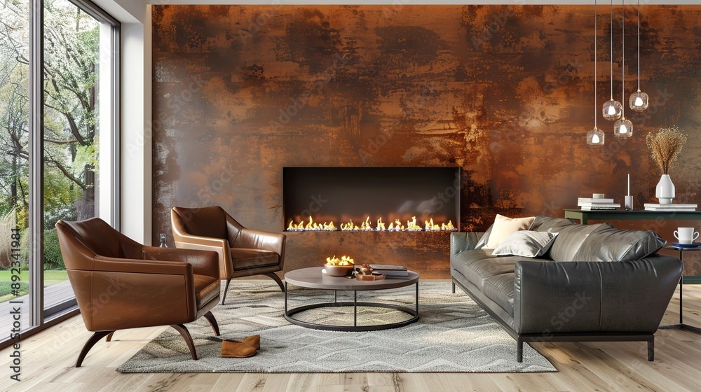 Brown leather chairs and grey sofa in room with fireplace. Mid-century style home interior design of modern living room. Brown leather chairs and grey sofa in room with fireplace. Mid-century style home interior design of modern living room.