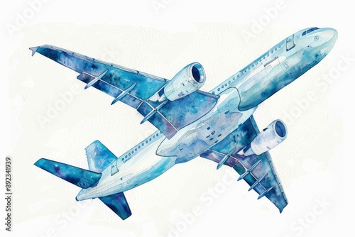 Watercolor painting of a blue airplane in flight. Children's Book Illustration