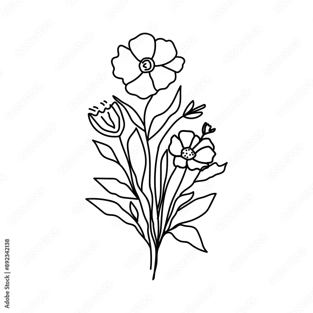 Vector black flowers bouquet icon, illustration thin line image , hand-drawn botanical lines art flowers on white background. Vector black flowers bouquet icon, illustration thin line image , hand-drawn botanical lines art flowers on white background.