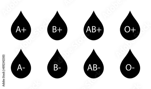 Blood group vector icon set in black color. Blood types. Drops of blood with blood type. Bleed Donation Concept. Drop blood for donation. O, A, B, AB positive and negative type of blood pictogram set.