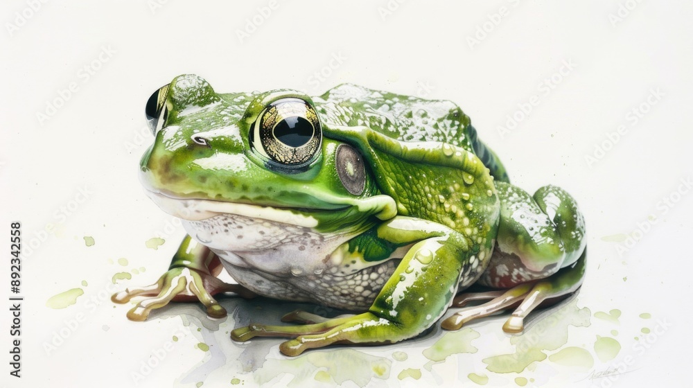 A green frog perched on a white surface, alert and ready A green frog perched on a white surface, alert and ready