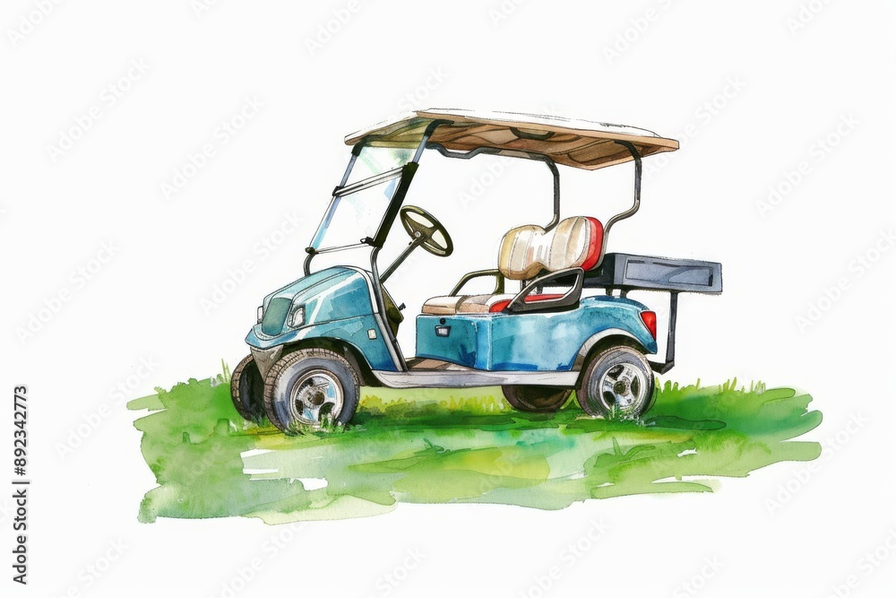 A watercolor painting of a blue golf cart on a green grassy patch. Children's Book Illustration