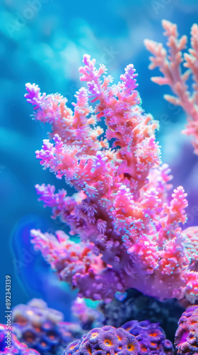 Aesthetic oceanic colorful fluorescent coral reef on blue background. Copy space. Aquarium hobby. Generative AI photo