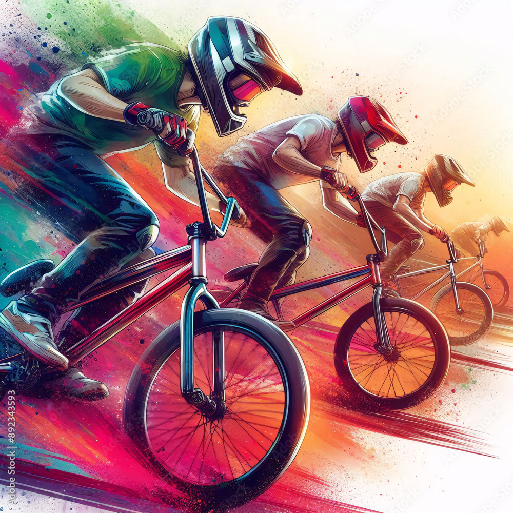 Fototapeta premium A vibrant BMX race illustration with dynamic poses and intense colors