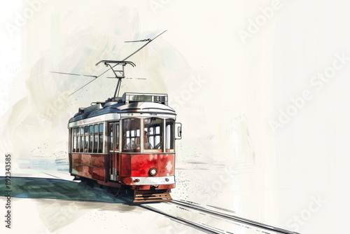 Watercolor illustration of a red tram traveling on tracks. Children's Book Illustration