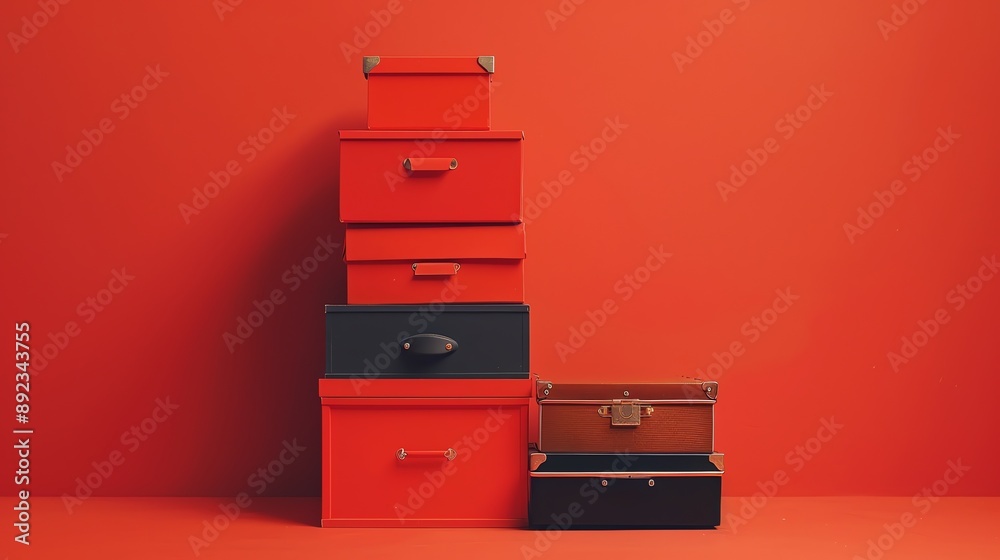 A stack of red boxes against a red wall, with one brown and one black box to the right. A stack of red boxes against a red wall, with one brown and one black box to the right.