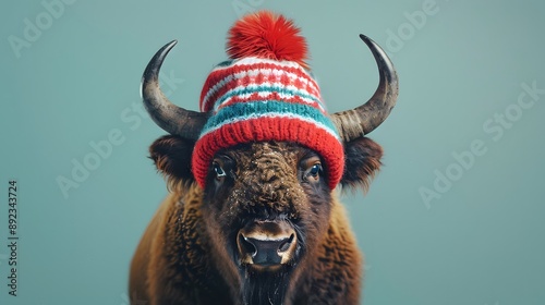 Bison Wearing a Winter Hat. photo