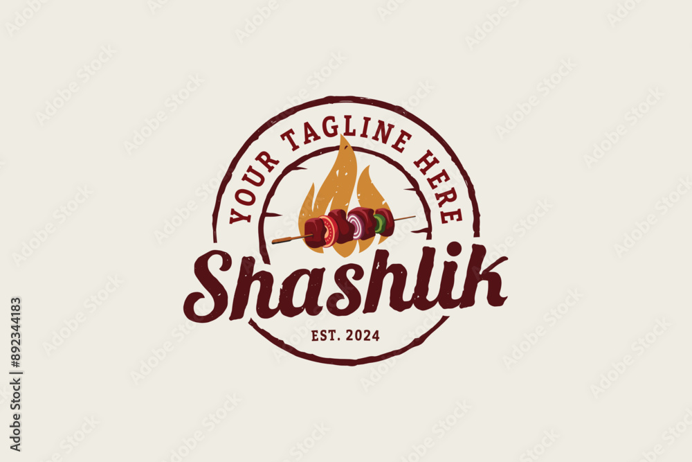 Obraz premium shashlik logo with a combination of a shashlik and fire in the form of an emblem for cafes, restaurants, food trucks, etc. 