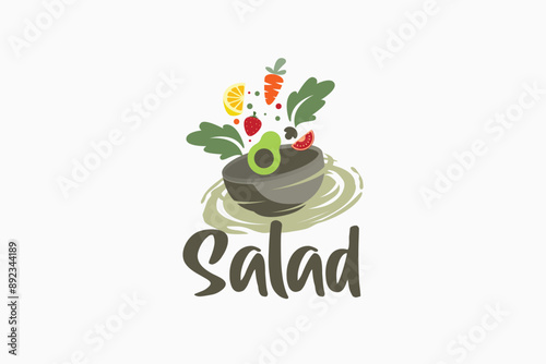 a dynamic salad logo with a bowl of salad for cafes, restaurants, food trucks, etc