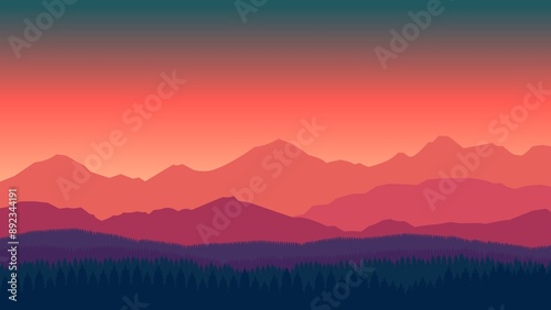 Colorful mountain background, mountain landscape in dusk, flat design mountain style