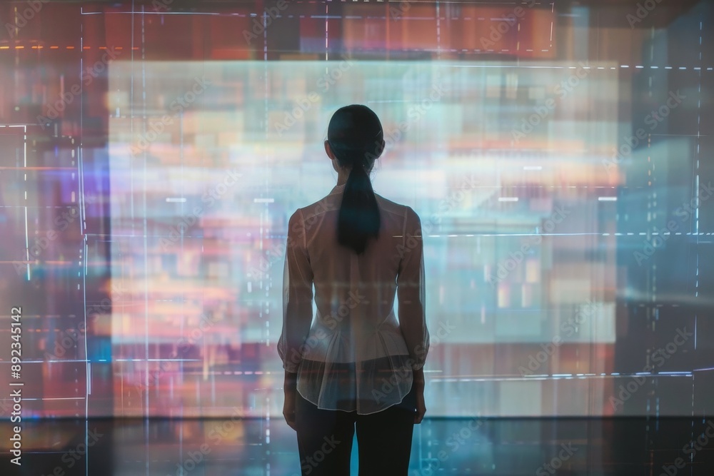 A woman stands in front of a transparent digital screen displaying abstract images A woman stands in front of a transparent digital screen displaying abstract images