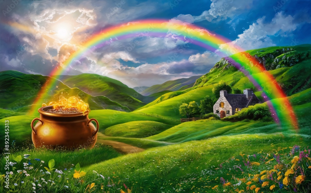 A picturesque Irish countryside scene, with rolling green hills, a rainbow arching across the sky, and a leprechaun's pot of gold at the end of the rainbow A picturesque Irish countryside scene, with rolling green hills, a rainbow arching across the sky, and a leprechaun's pot of gold at the end of the rainbow