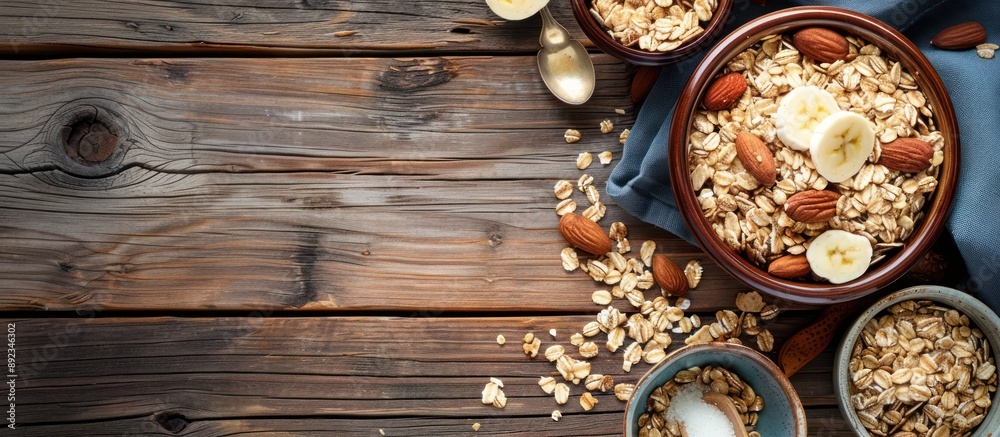 Oatmeal with Almonds and Banana on a Wooden Table