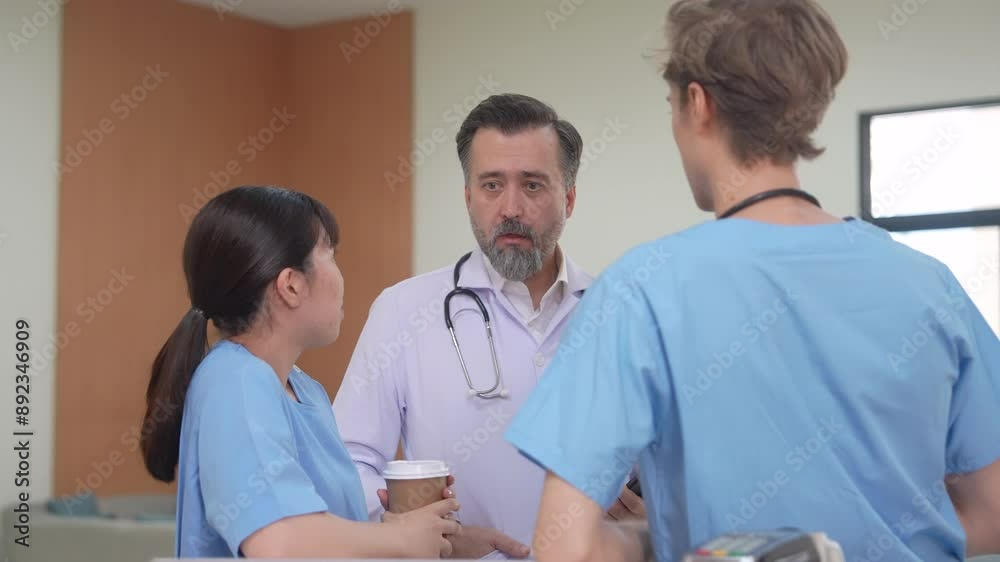 Senior surgeon specialists and diverse medical team in hospital, Doctors and nurses or student trainees walk together towards patient care area. Professional healthcare environment teamwork efficiency