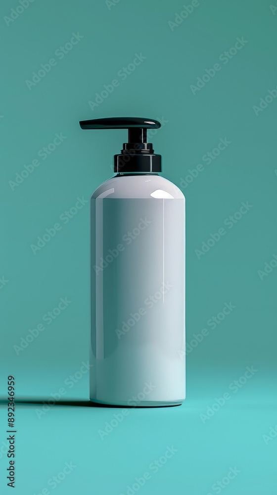 A white bottle with a black cap sits on a green surface A white bottle with a black cap sits on a green surface