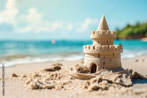Sand castle on the shore background with copy space photo