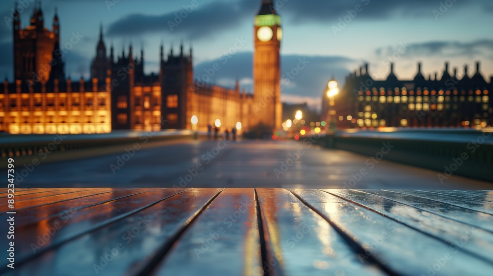 Fototapeta premium close up of rustic empty wooden table with blurred Big Ben clock background