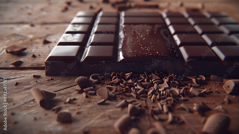 Indulgent Dark Chocolate Bar Partially Unwrapped with Scattered Shavings on Wooden Background Indulgent Dark Chocolate Bar Partially Unwrapped with Scattered Shavings on Wooden Background