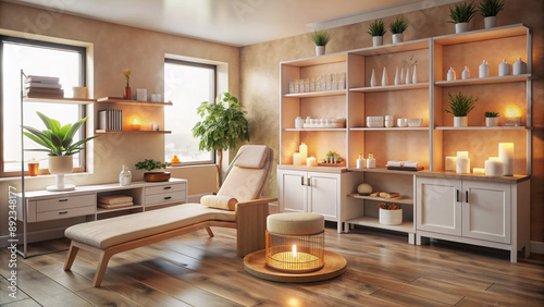 A serene skincare studio interior with sleek modern furniture, shelves stocked with various anti-aging products, and a Himalayan salt lamp emitting a warm glow. photo