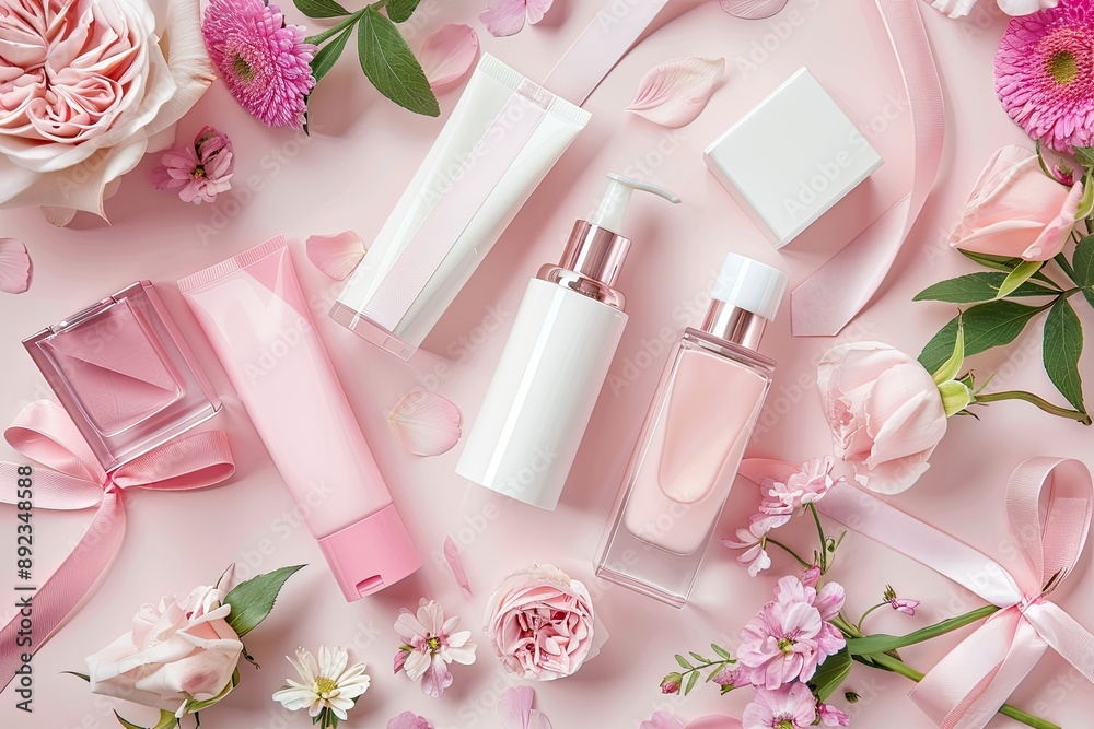 Flat lay of elegant skincare and beauty products among delicate flowers and leaves on a pink pastel background. Flat lay of elegant skincare and beauty products among delicate flowers and leaves on a pink pastel background.