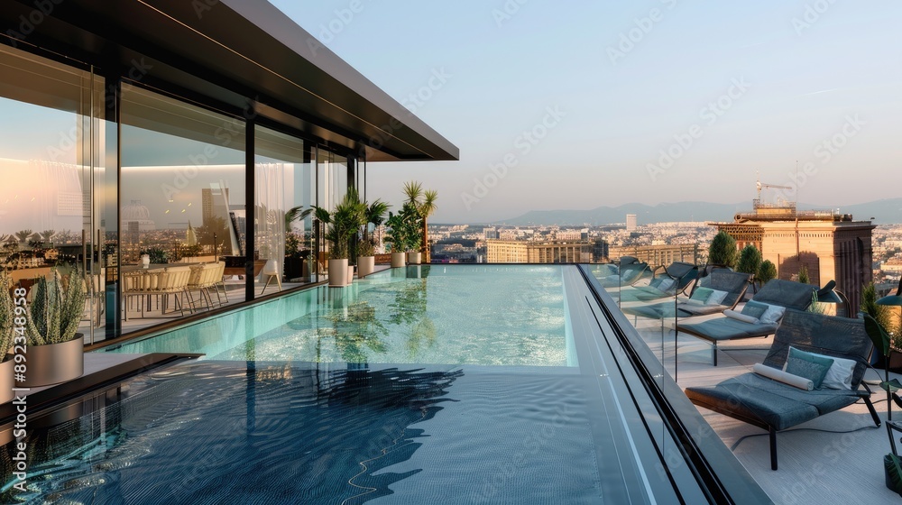 Fototapeta premium A luxurious rooftop infinity pool with glass sides, surrounded by modern lounge chairs, potted plants, and offering a panoramic city view.
