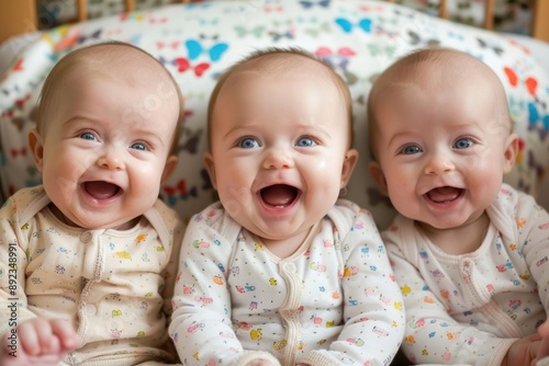 triplets babies sits with funny faces photo