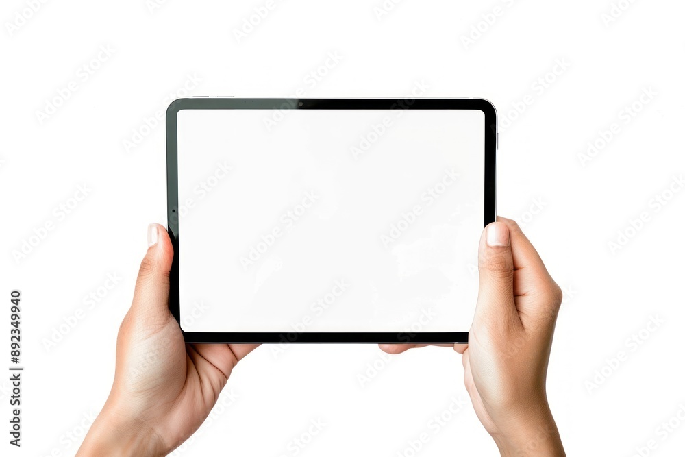 Woman hand holding tablet with blank white screen Phone isolated on white background for mockup Copy space Woman hand holding tablet with blank white screen Phone isolated on white background for mockup Copy space