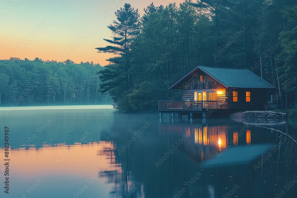 Fototapeta premium A cozy cabin sits on the edge of a tranquil lake at dusk, with warm light glowing from within. The water reflects the soft colors of the sky and the surrounding trees.
