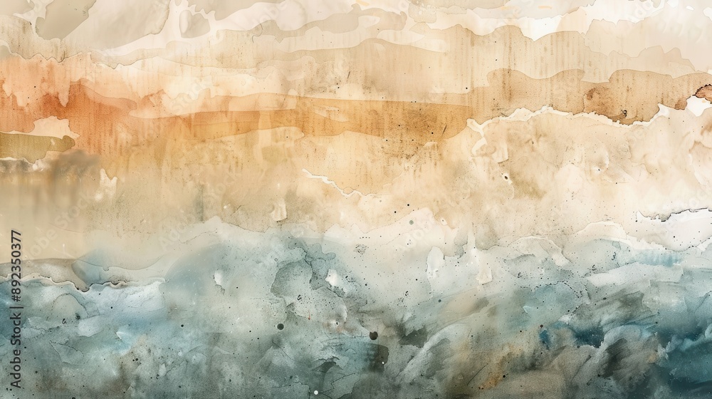 Fototapeta premium A serene watercolor landscape featuring soft hues of orange, blue, and cream, evoking calm and tranquility in nature.